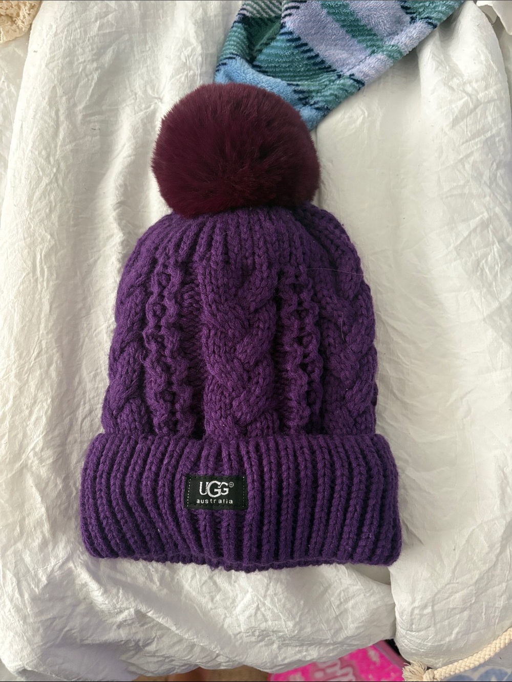 UGG Purple Cable Knit Pom Beanie with Burgundy Pom